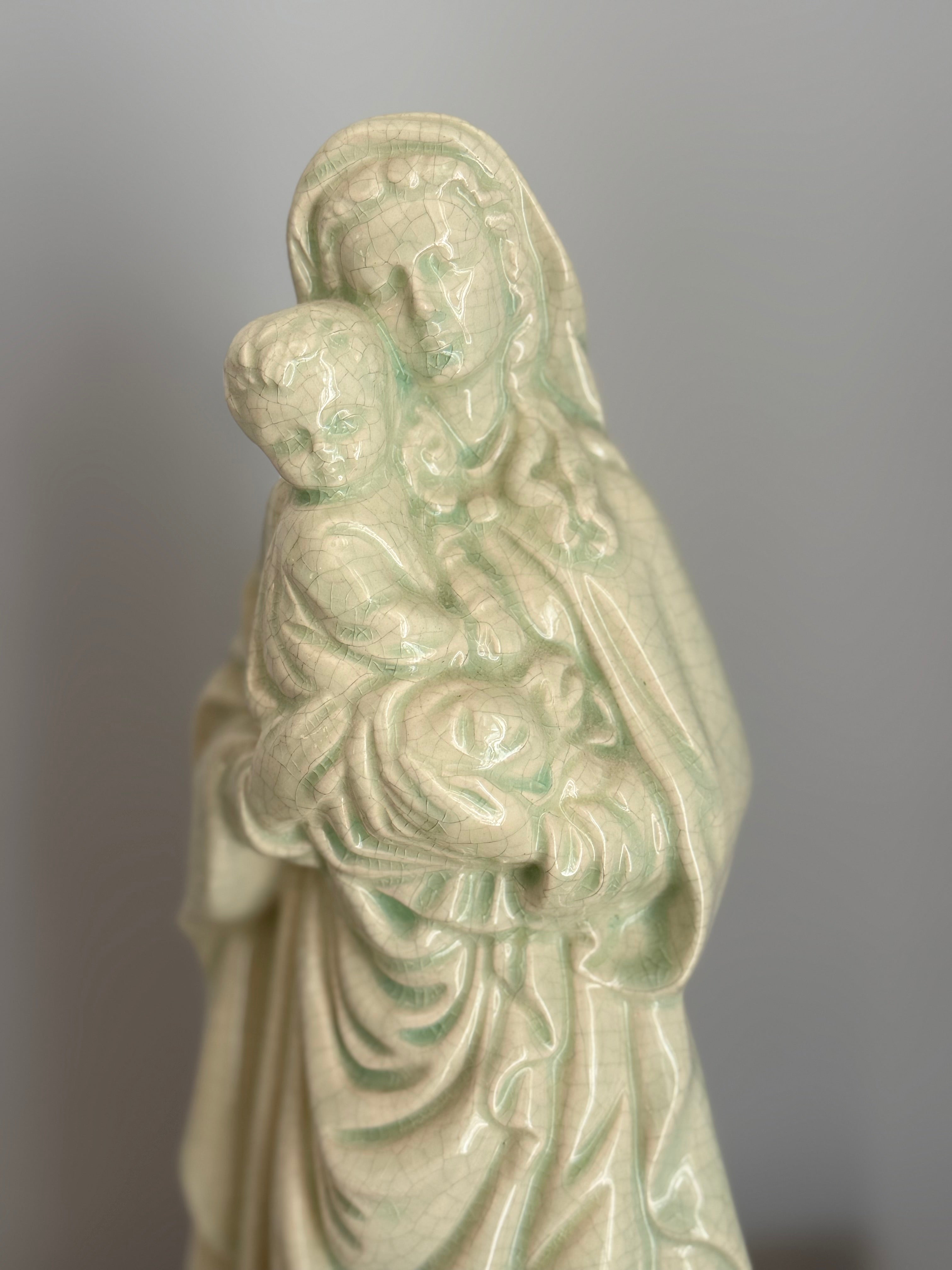 Mother Mary with Christ Child Green White Glazed Ceramic