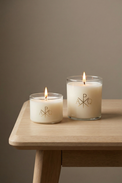 Two lit candles with a logo on a wooden table against a plain background