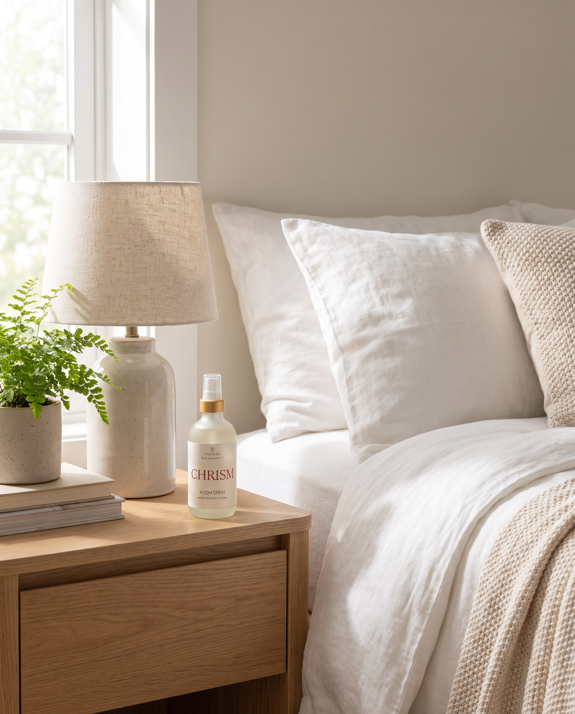room spray bottle named chrism, on a bed side nightstand.