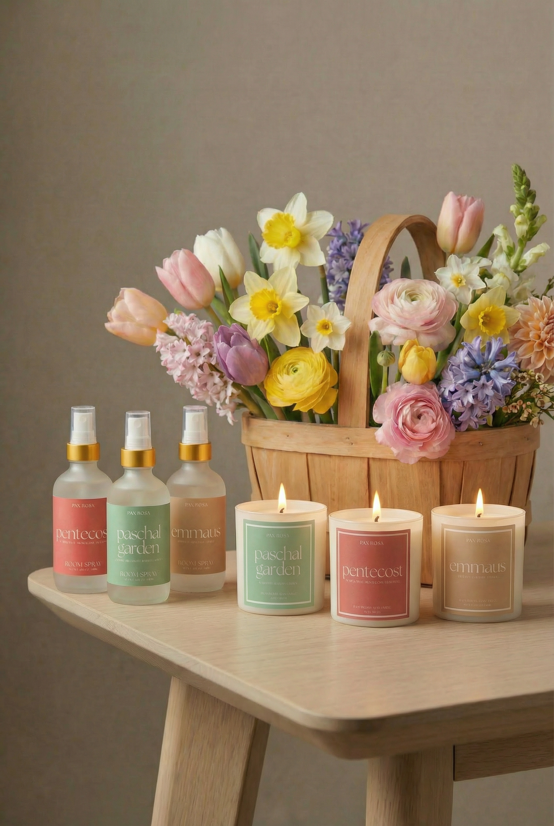 3 room spray bottles and 3 candles