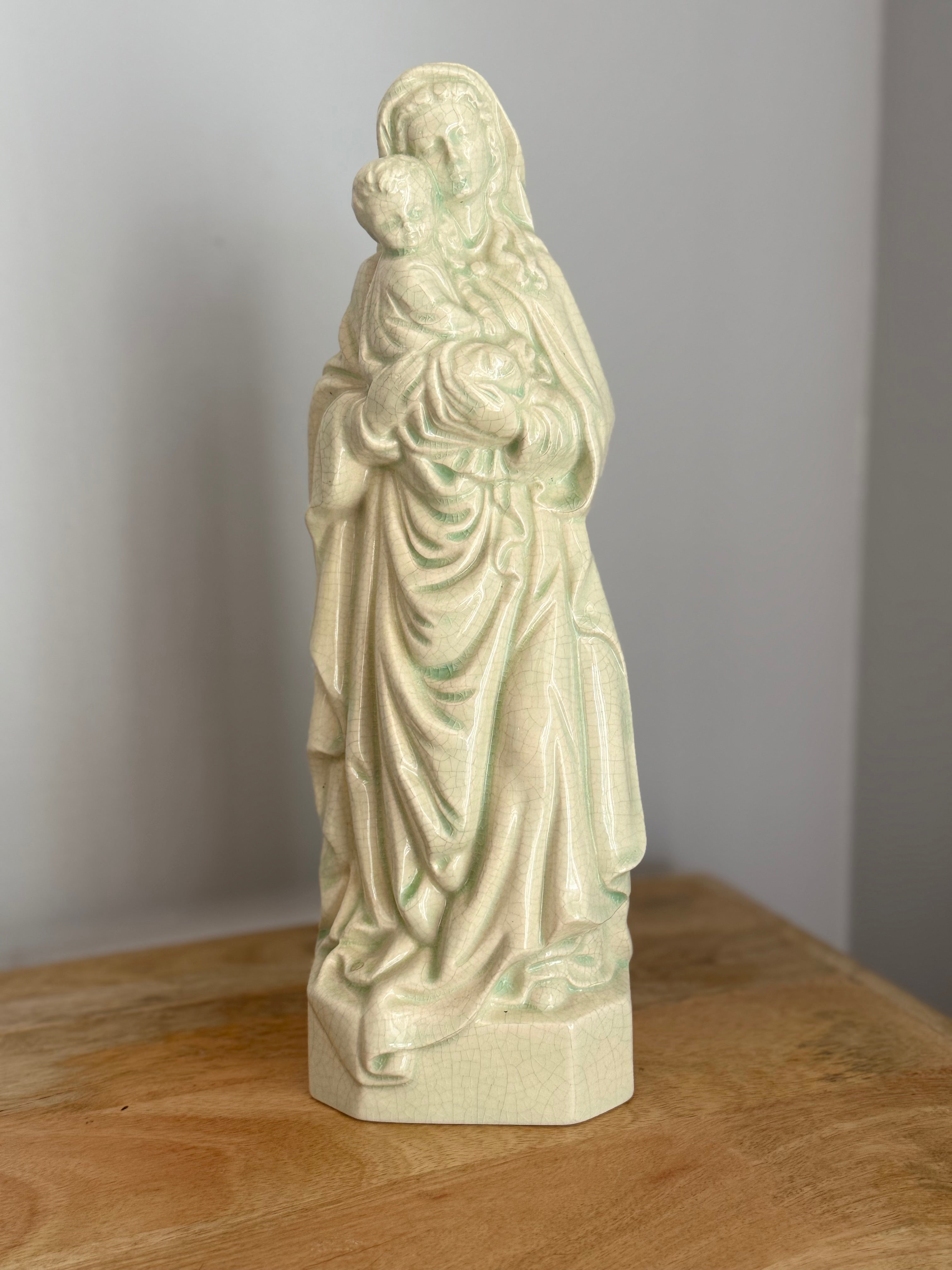 Mother Mary with Christ Child Green White Glazed Ceramic