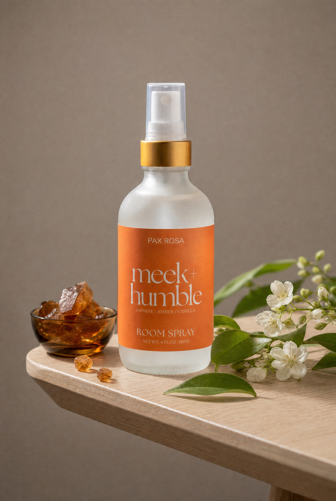 Meek+Humble Room Spray with amber and jasmine on table