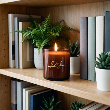 An amber glass jar candle with a gold script logo and a lit flame, styled on a wooden bookshelf between books and small potted plants.